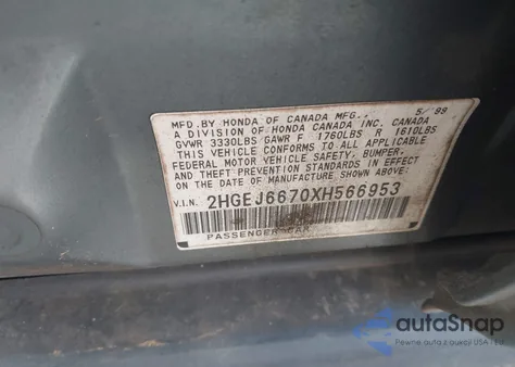 1999 Honda Civic Lx z USA, uszkodzony, nr VIN 2HGEJ6670XH566953